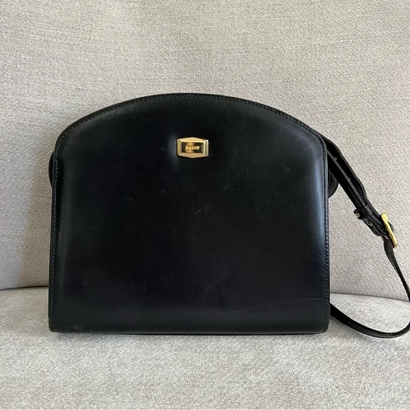 VTG Bally Structured Hex Black Leather Shoulder Bag Crossbody with Gold Hardware - Picture 1 of 16